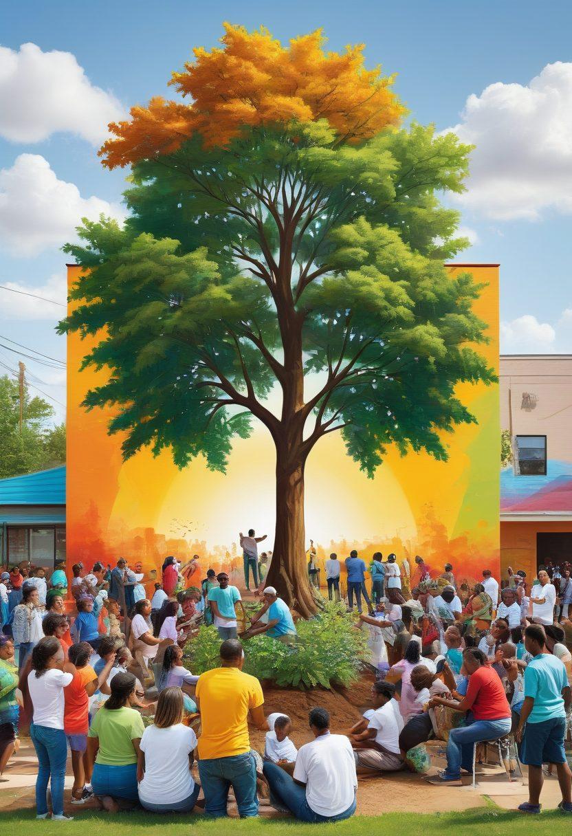 A vibrant community gathering, showcasing diverse individuals engaged in various volunteer activities like planting trees, teaching children, and sharing meals, all under a sunny sky. In the background, a colorful mural depicting hope and unity can be seen. The scene should radiate warmth and connection, illustrating the power of nonprofits in enhancing community well-being. super-realistic. vibrant colors. white background.