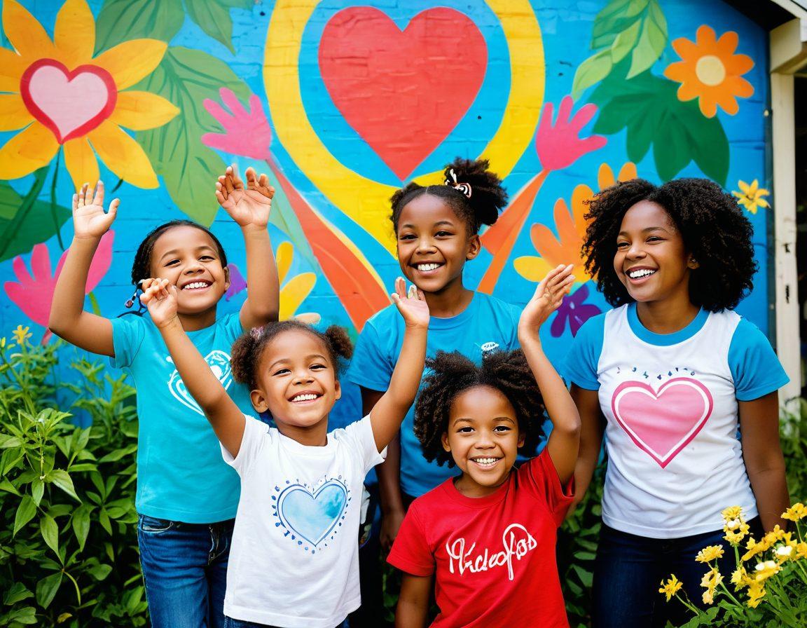 A diverse group of joyful people engaged in community service, surrounded by vibrant murals depicting heart symbols and caring gestures. Include elements like children playing, adults working together, and nature in the background, emphasizing emotional connection and philanthropy. Bright sunlight illuminating their faces to represent hope and happiness. super-realistic. vibrant colors. community theme.
