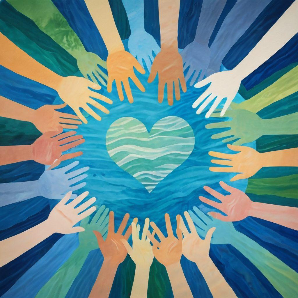 A serene landscape featuring interconnected hands forming a circle, symbolizing support and unity. In the center, a glowing heart represents mental wellness, radiating ripples of light that spread outward. Surrounding the scene are diverse individuals engaging in acts of kindness, reflecting the spirit of giving. The color palette includes soothing blues and greens to evoke tranquility. soft painting style. vibrant colors.